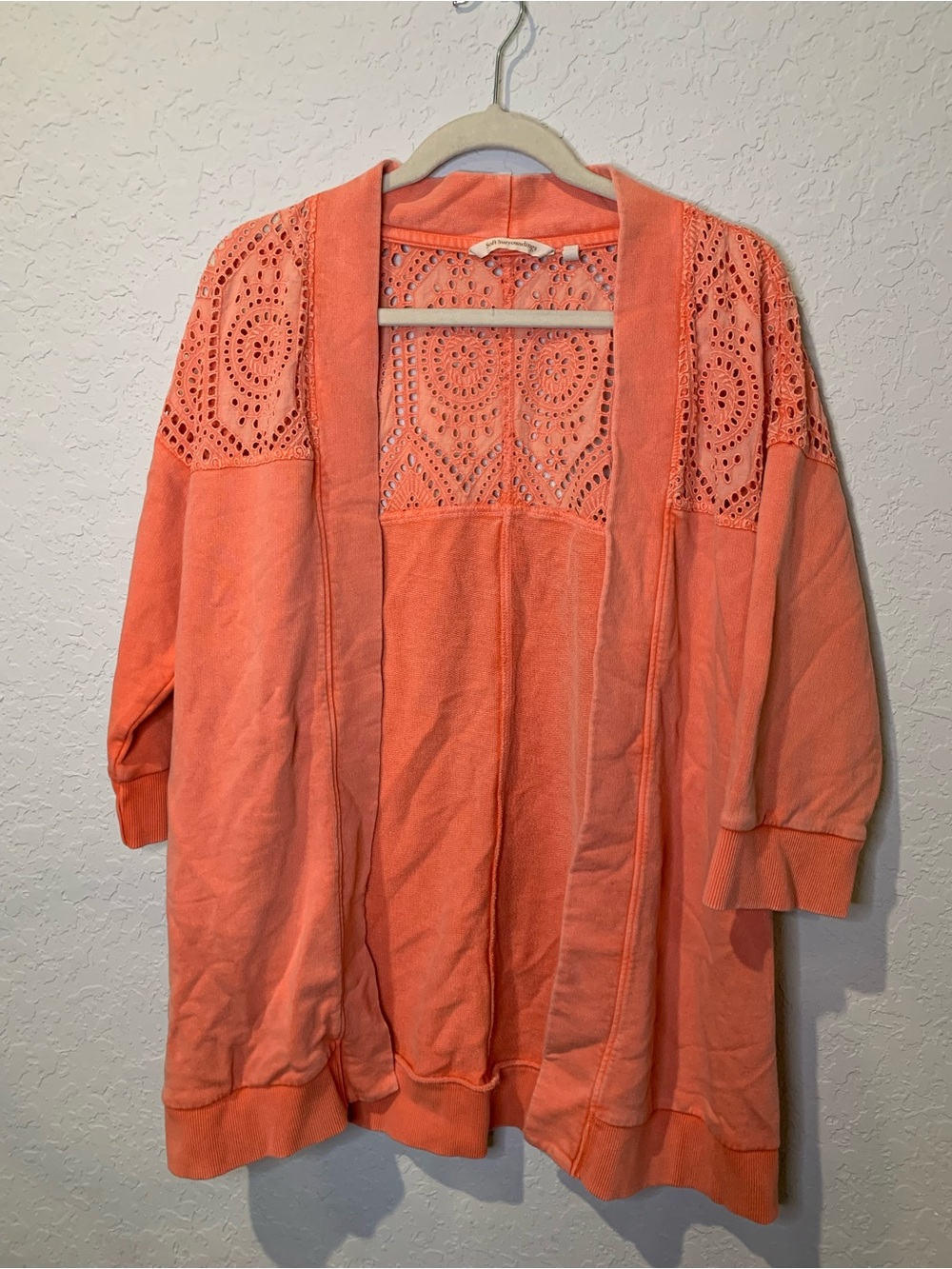 Soft Surroundings Coral Crochet-Back Open Cardigan